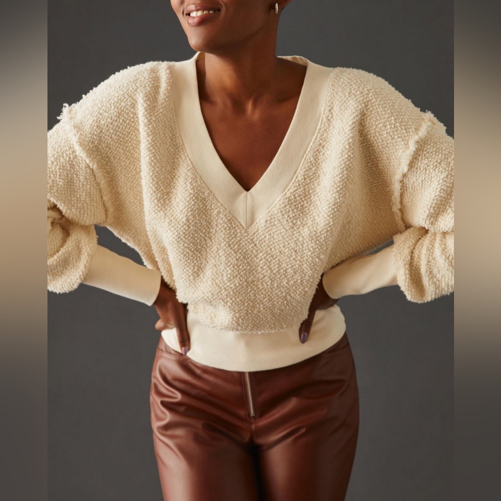 Anthropologie Cream Textured V-Neck Sweatshirt